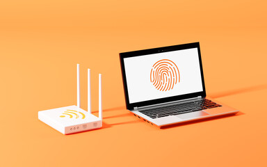 A laptop with fingerprint and a router with orange background, 3d rendering.