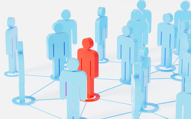 Red human figurines lead and connect employees, leader and employees, human resources and management concept, 3d rendering.