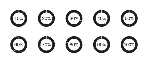 Circle loading icon set with percentage from 10 to 100. Vector EPS 10