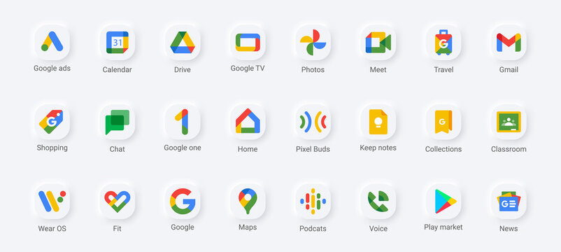 Google products icon set. Neumorphism buttons. Rivne, Ukraine - may 31 2022. Vector EPS 10
