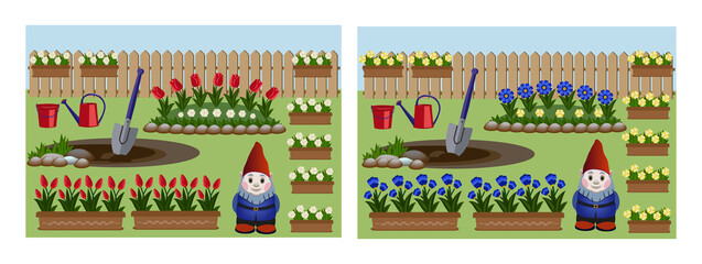Garden landscape with cartoon gnome, flowers in box, tools, fence. Vector illustration.