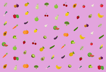 purple background with colorful fruits and vegetables, vector illustration