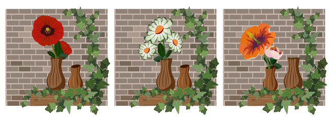 Flowers in vase on brick wall  background with ivy leaves. Daisy, poppy flowers, soft colors, vector illustration