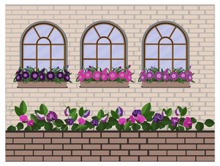Windows with carnation flower boxes and brick fence on brick wall background. Vector illustration. - obrazy, fototapety, plakaty