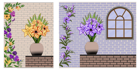 Flower bouquet in vase on brick wall background with clambering flowers and window. Vector illustration.