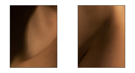 Set with closeup images of part of woman's body. Detailed texture of human female skin. Skincare,...