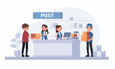 Postman giving parcel to customer in post office.