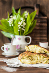 homemade bread with spinach on a wooden table in a rustic style