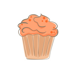 hand drawn cupcake with cream and topping. simple cartoon food illustration of cake