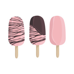 Vector illustration of popsicles. Set ice lolly cream with chocolate icing isolated on white background.