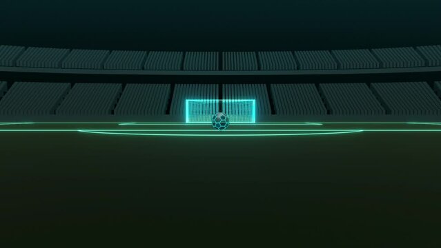 スタジアム引きのアングルからゴール前のサッカーボールへズームインするCGイメージ素材