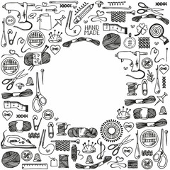 Handmade vector composition - vintage elements in stamp style and sewing machine with hand made lettering.