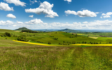 Hegau landscape with view of the volcanos Hohenhewen, Hohentwiel and Hohenstoffeln, Konstanz...