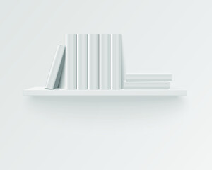 Bookshelf with white blank books. Realistic illustration. 3d rendering