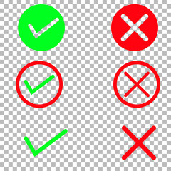 Green and red Check mark, tick and cross brush signs, green checkmark OK and red X icons, symbols yes and no button for vote, stock vector