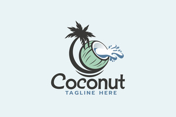 coconut logo with coconut tree and spilled coconut water. - obrazy, fototapety, plakaty