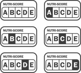 Nutri-score icons set. Isolatad Nutriscore stickers for packaging on white background. Food rating system signs : A, B, C, D, E. Vector illustration.