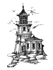 Lighthouse silhouette, Nautical design, Beacon, Watchtower illustration, Coastal Town Line drawing