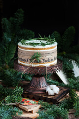 New Year's sponge cake decorated with a strip of old newspaper and rosemary sprigs surrounded by snow-covered fir branches on a dark background