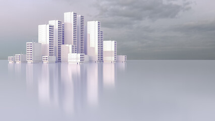 Abstract 3d rendering of white city buildings on empty background, illustration with copy space