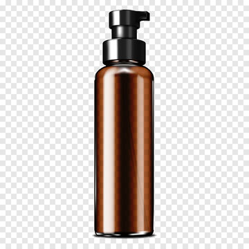 Blank dark brown clear glass or plastic cosmetic bottle with pump dispenser for foam textures on transparent background realistic mockup. Beauty product container with black cap vector mock-up