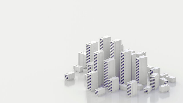 Abstract 3d rendering of white city buildings on empty background, illustration with copy space