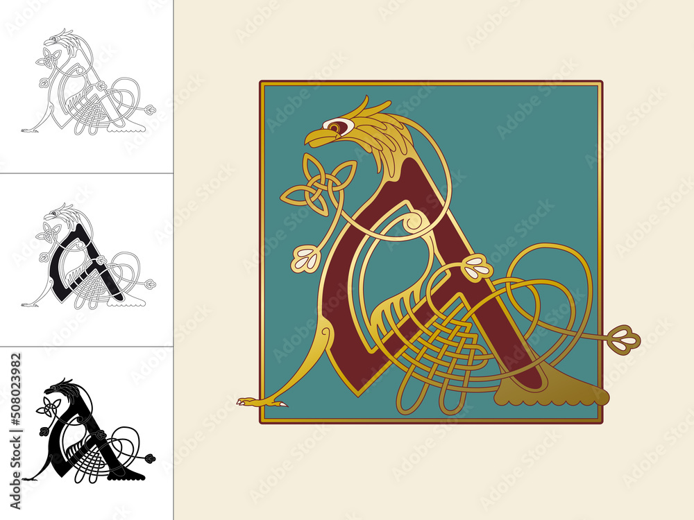 Fototapete medieval, celtic initial letter a combining animal body parts from an eagle and endless knot ornamen