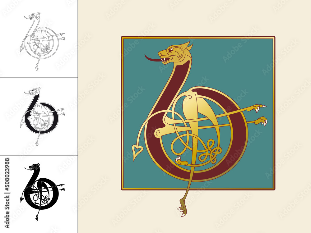 Fototapete medieval, celtic initial letter b combining animal body parts from a lion and endless knot ornaments
