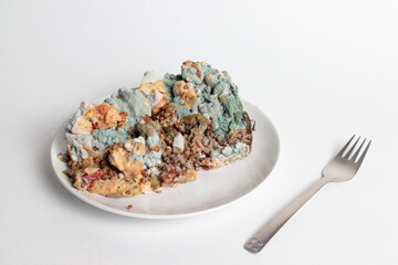 Spoiled food in mold on a plate with a fork. Buckwheat porridge and meat, for anti-advertising of cafes and establishments