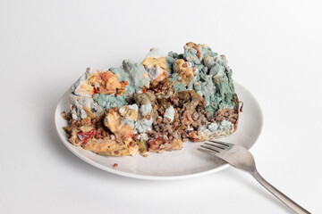 Spoiled food in mold on a plate with a fork. Buckwheat porridge and meat, for anti-advertising of cafes and establishments