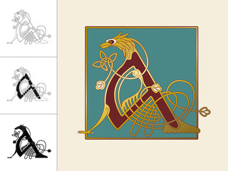 Medieval, Celtic Initial Letter A combining animal body parts from an Eagle and endless knot ornaments in four different versions