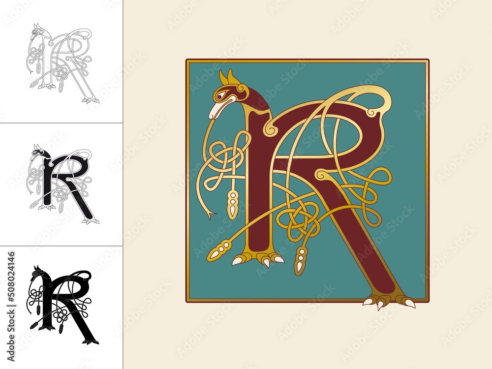 Fototapete medieval, celtic initial letter r combining animal body parts from an jackal and a dragon with endle
