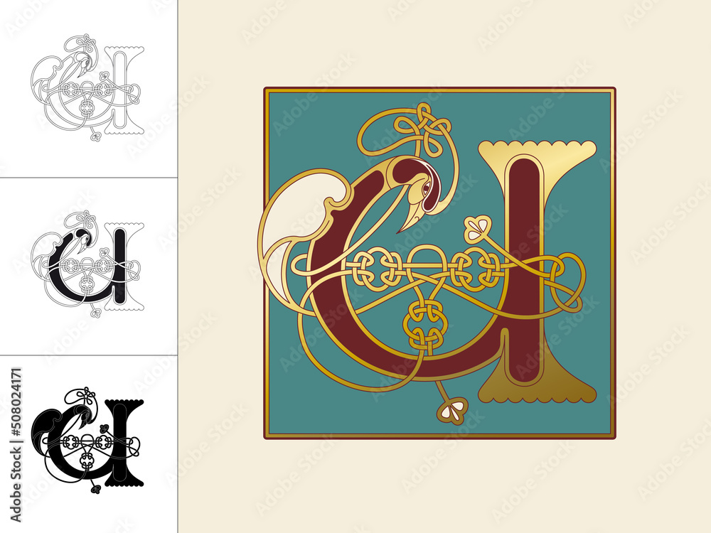 Fototapete medieval, celtic initial letter u combining animal body parts from a swan and endless knot ornaments