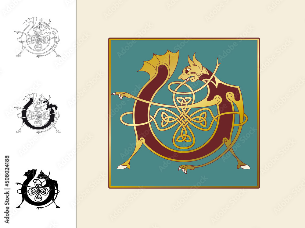 Fototapete medieval, celtic initial letter v combining animal body parts from a dog and a dragon with endless k