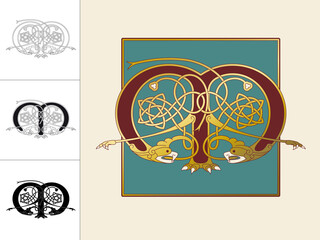 Medieval, Celtic Initial Letter M combining animal body parts from Vultures and Dragons and endless knot ornaments in four different versions