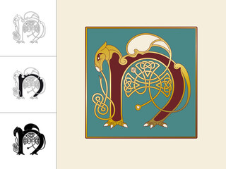 Medieval, Celtic Initial Letter N combining animal body parts from a Horse and endless knot ornaments in four different versions