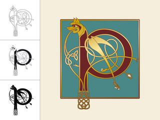Medieval, Celtic Initial Letter P combining animal body parts from a Dog and endless knot ornaments in four different versions