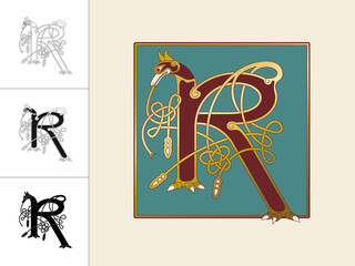 Medieval, Celtic Initial Letter R combining animal body parts from an Jackal and a Dragon with endless knot ornaments in four different versions