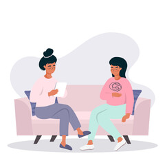 Psychotherapy session - a woman talking to a psychologist sitting on the couch. Mental health concept, vector illustration in flat style.

