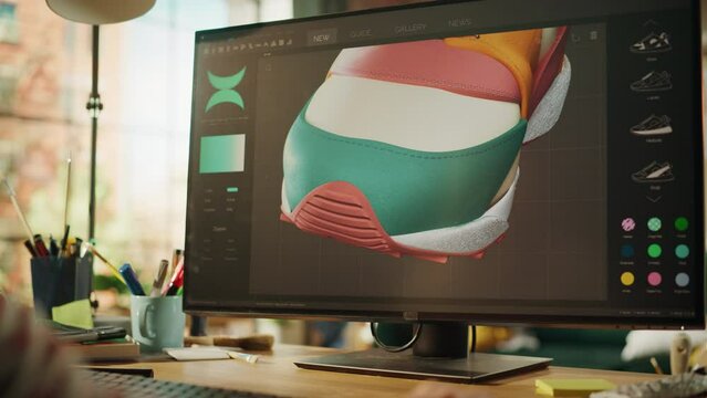 Close Up View of the Teenage Female Designer Rotate 3d Model of Shoe and Change Colours on it While Preparing Visualisation on Desktop Computer. Shoe Production Concept. Over the Shoulder