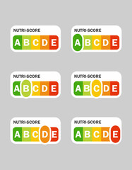 Nutri-score icons set. Isolatad Nutriscore stickers for packaging on white background. Food rating system signs : A, B, C, D, E. Vector illustration.