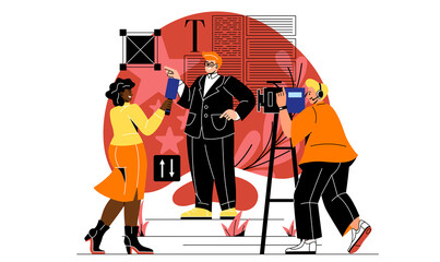 Professional journalist interviewing. Man tells news, characters filming television show. Blogger or famous person, analyst speaks in studio with infographic. Cartoon flat vector illustration