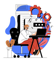 Professional copywriter typing. Man writes article and creates unique content for websites. Remote employee and freelancer, modern technologies, earnings on Internet. Cartoon flat vector illustration - obrazy, fototapety, plakaty