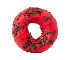 red donut with black sprinkles isolated on white background