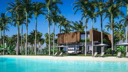 3d rendering of modern cozy house with parking and pool for sale or rent with wood plank facade by the sea or ocean. Sunny day by the azure coast with palm trees and flowers in tropical island