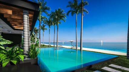 3d rendering of modern cozy house with parking and pool for sale or rent with wood plank facade by the sea or ocean. Sunny day by the azure coast with palm trees and flowers in tropical island