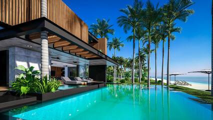 3d rendering of modern cozy house with parking and pool for sale or rent with wood plank facade by the sea or ocean. Sunny day by the azure coast with palm trees and flowers in tropical island