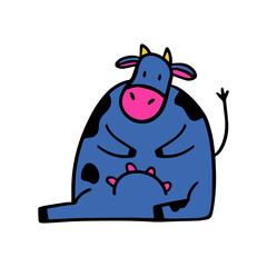 Cartoon sitting cow. Funny ox illustration. Farm animal concept.