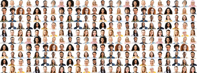 Collage banner with photos of confident business people smart casual wear, a lot of ambitious diverse office employees isolated on white © Vadim Pastuh