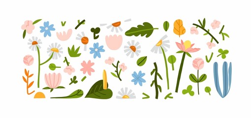 Hand drawn vector abstract graphic clipart illustrations collection set of composition with abstract boho nature shapes of blossom flowers,leaves and chamomile.Modern nature design.Botanical garden.